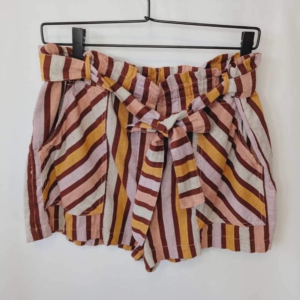 By Anthropologie Paperbag Striped Belted Shorts, Women's Large Petite